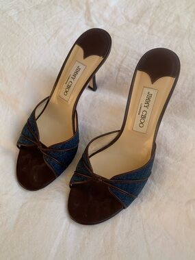 Jimmy Choo Denim Leather Open Toe Mules Kitten Heels Blue Brown